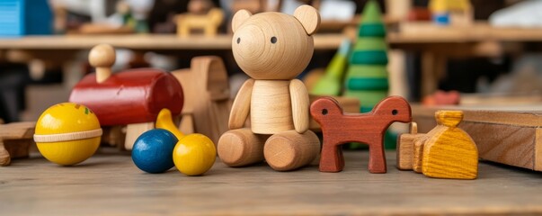 Obraz premium A collection of colorful wooden toys on a table, showcasing playful designs that inspire creativity and imagination in children.