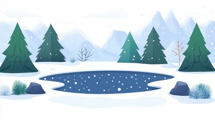 A tranquil winter scene with a frozen pond, snowcovered trees, and distant mountains forms a serene landscape.