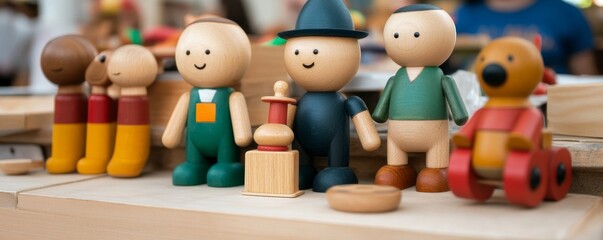 Fototapeta premium A colorful array of wooden toys, including figures and vehicles, showcasing craftsmanship and creativity in children's play.