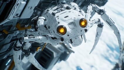 Fototapeta premium Futuristic white robot insect, detailed mechanical design, close-up view, on a spaceship or spacecraft.