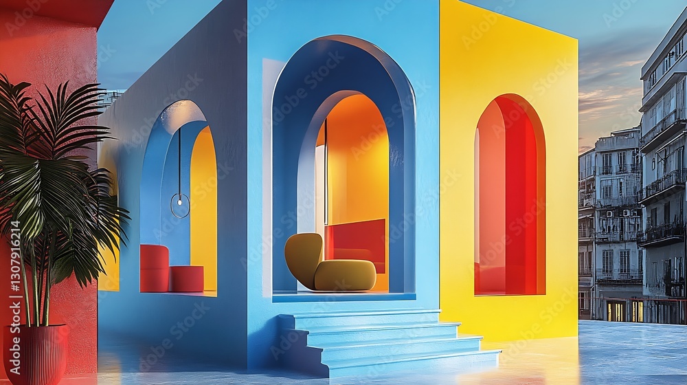 Poster vibrant contemporary architecture featuring bold colors and unique shapes in an artistic interior : 