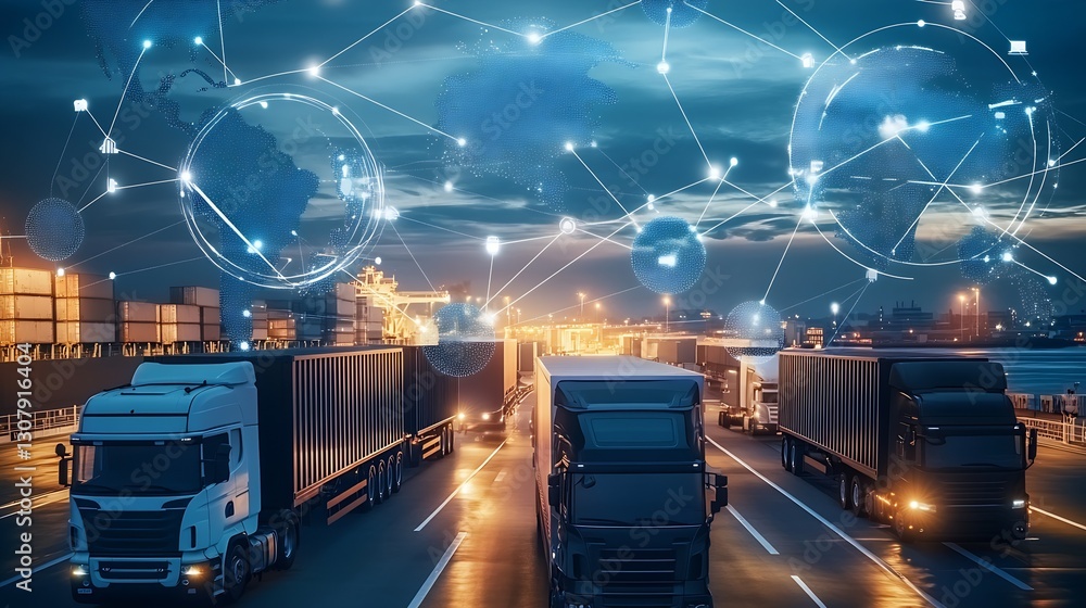 Poster trucking industry operations with networking visualizations depicting global connectivity and logist