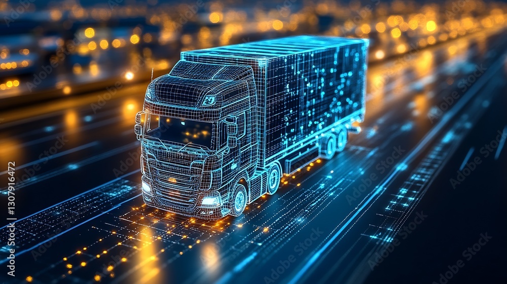 Aufkleber Futuristic digital 3D rendering of a glowing semi-truck on an illuminated highway with modern technology design elements : Generative AI