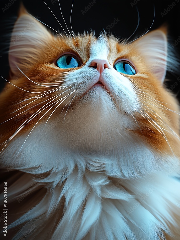 Poster a majestic persian cat looking upwards with striking blue eyes set against a contrasting dark backdr