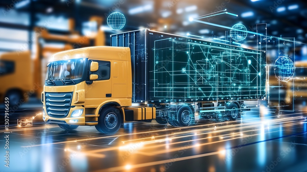 Poster Futuristic Yellow Delivery Truck in a High-Tech Warehouse with Digital Elements : Generative AI