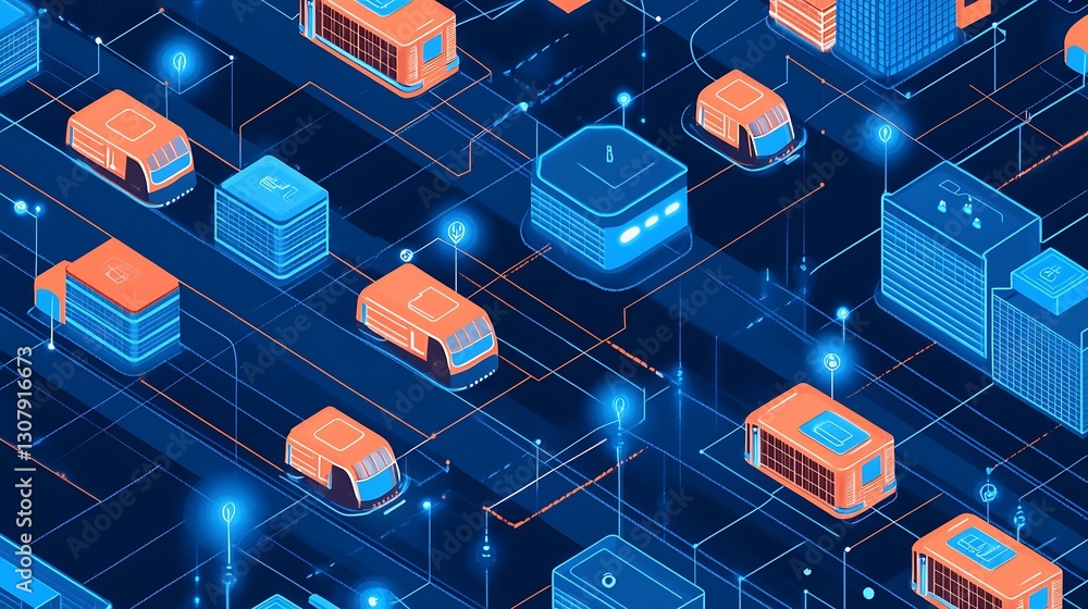 Poster Futuristic top-down view of urban transportation network with various vehicles and smart technology elements : Generative AI