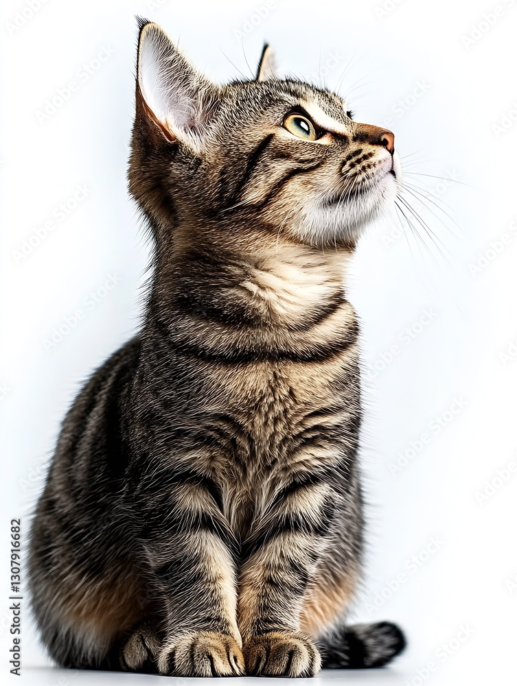 Poster close-up portrait of a curious young tabby cat sitting gracefully on a light background : generative