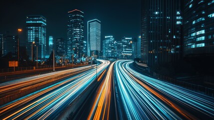 Obraz premium Night cityscape with light trails on highway. (2)