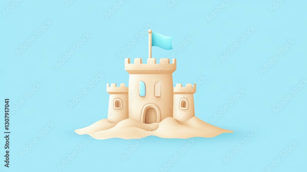 Poster a simple sandcastle with a flag, showcasing a minimal design and clean lines, perfect for a beachthe