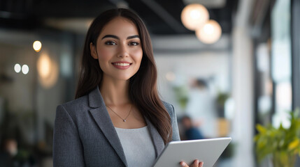 Fototapeta premium Confident young professional woman standing in a modern office, smiling while holding a tablet. Successful business leader or entrepreneur representing leadership, innovation, and corporate growth