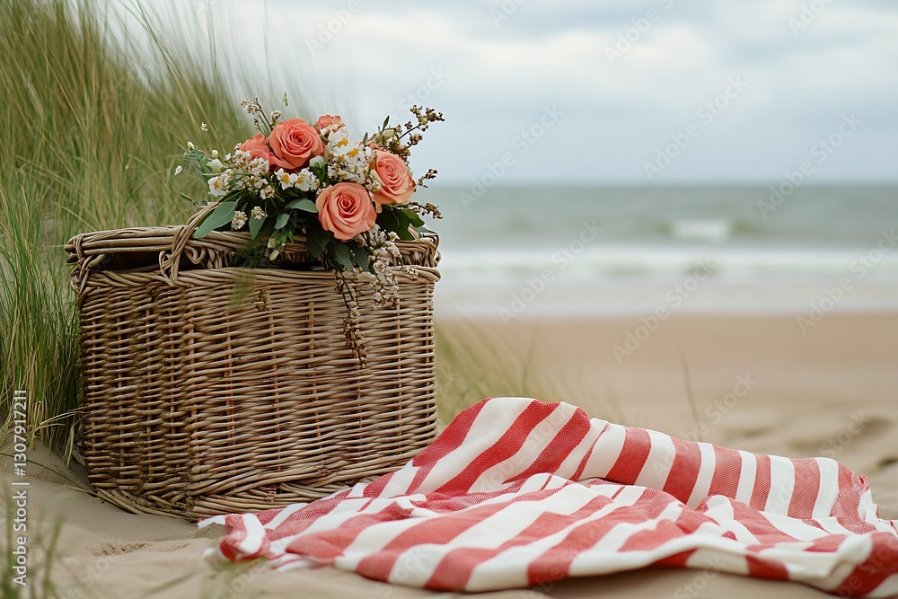 Aufkleber beachside picnic setup with a wicker basket flowers and a striped towel on sandy shore : generative 
