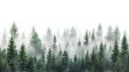 Enigmatic forest landscape with coniferous trees shrouded in ethereal mist