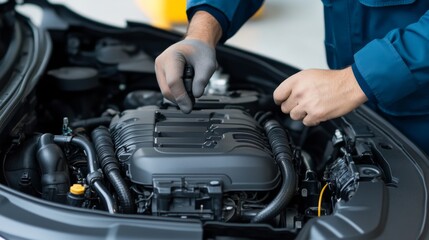 A mechanic works diligently under the hood of a modern car, showcasing expertise in automotive repair and maintenance.