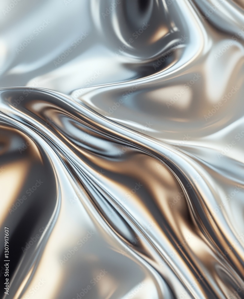 Poster elegant flowing silver metallic fabric texture creating smooth waves and reflections under soft ligh