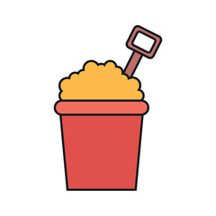 Vector Illustration of a Red Sand Bucket Filled with Sand and a Small Shovel for Children's Beach Play Activities