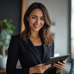 Fototapeta premium Confident young professional woman standing in a modern office, smiling while holding a tablet. Successful business leader or entrepreneur representing leadership, innovation, and corporate growth