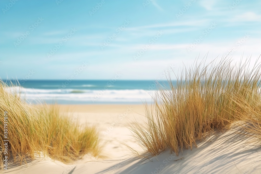 Poster serene beachscape featuring golden grass dunes and the gentle ebb of ocean waves : generative ai