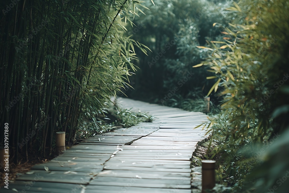 Poster serene bamboo pathway leading through lush greenery creating a tranquil nature escape : generative a