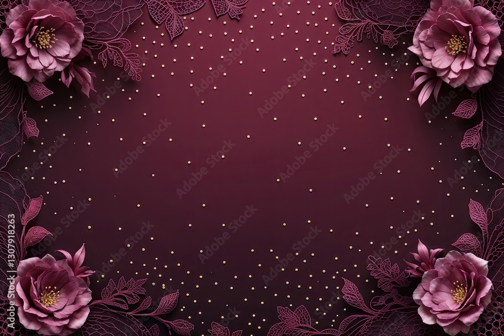 Poster luxurious deep burgundy background with delicate lace and subtle dots for elegant branding and event