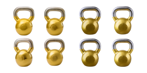 Gold and silver kettlebells arranged on a black background