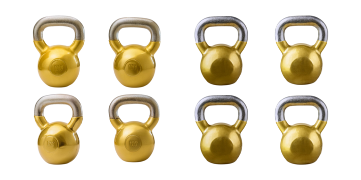 Gold and silver kettlebells arranged on a black background