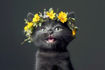 Cute baby cat somali wearing primal flower circlet on its head - symbol of sunny days. Isolated dark black background, copy space, ad campaign layout. Cat on solid background.