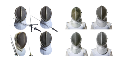 Various Fencing Masks and Swords for Sport Practices and Competitions