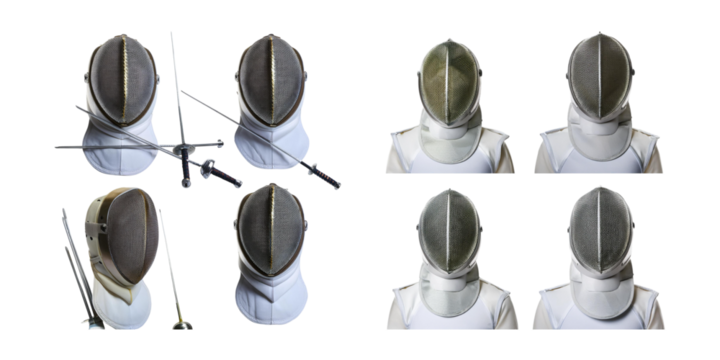 Various Fencing Masks and Swords for Sport Practices and Competitions