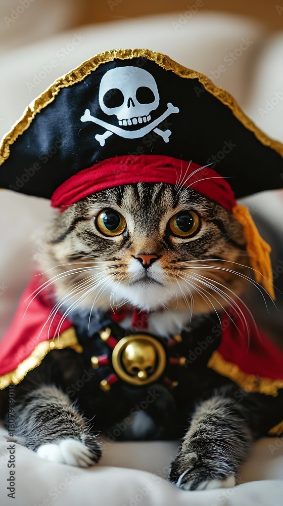 Poster adorable cat dressed as a pirate with a skull and crossbones hat and red cape : generative ai