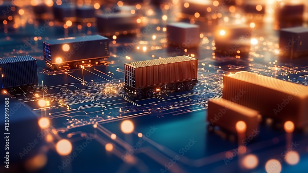 Poster futuristic digital scene showcasing cargo trucks navigating through a network of glowing connections