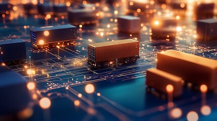 Futuristic digital scene showcasing cargo trucks navigating through a network of glowing connections : Generative AI