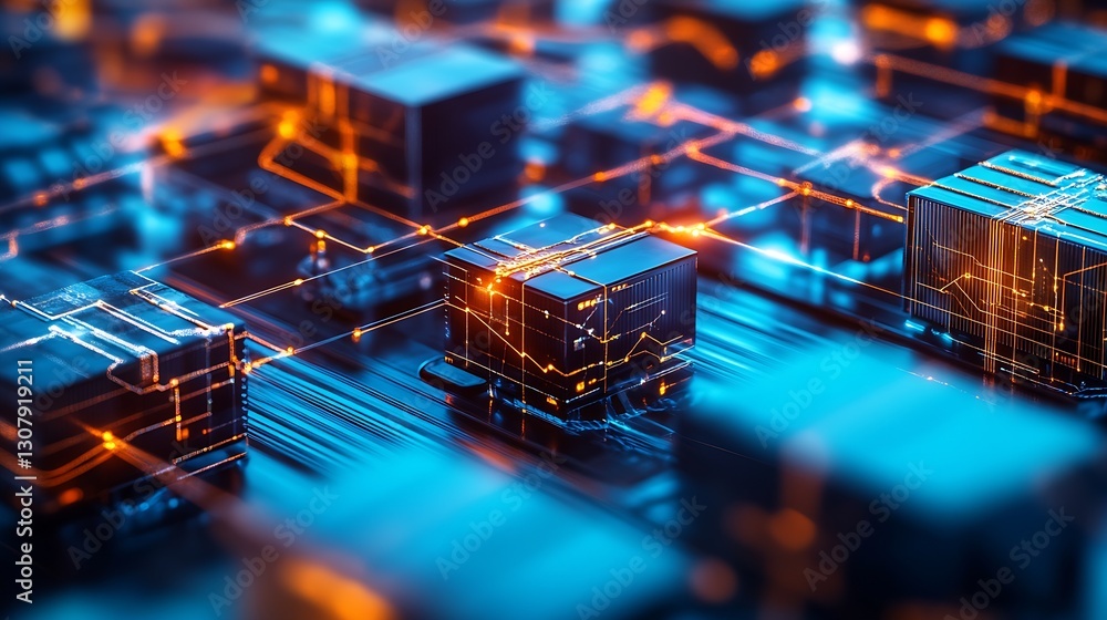 Poster Close-up view of complex circuit board with glowing components in vibrant blue and orange colors : Generative AI