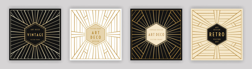 Black, white and beige cards geometry design. Art Deco vintage style frame set. Retro geometric outline decorations. Linear golden elements. EPS 10 vector illustration.