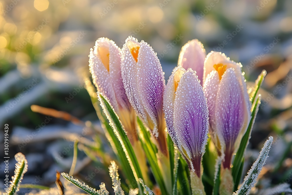 Poster beautiful crocus flowers covered in dew drops with a sunlit background in early spring : generative 