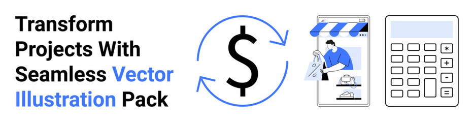 Dollar symbol encircled by arrows, digital storefront with maintenance worker, and a calculator. Ideal for finance, e-commerce, budgeting, marketing, retail, entrepreneurship and flat landing page