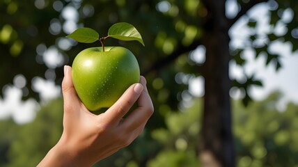 a hand holding a green apple with a natural outdoor background