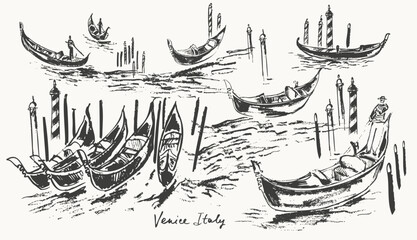 Hand drawn ink Venice gondolas sketches set in the channel with waves. © katyabogina