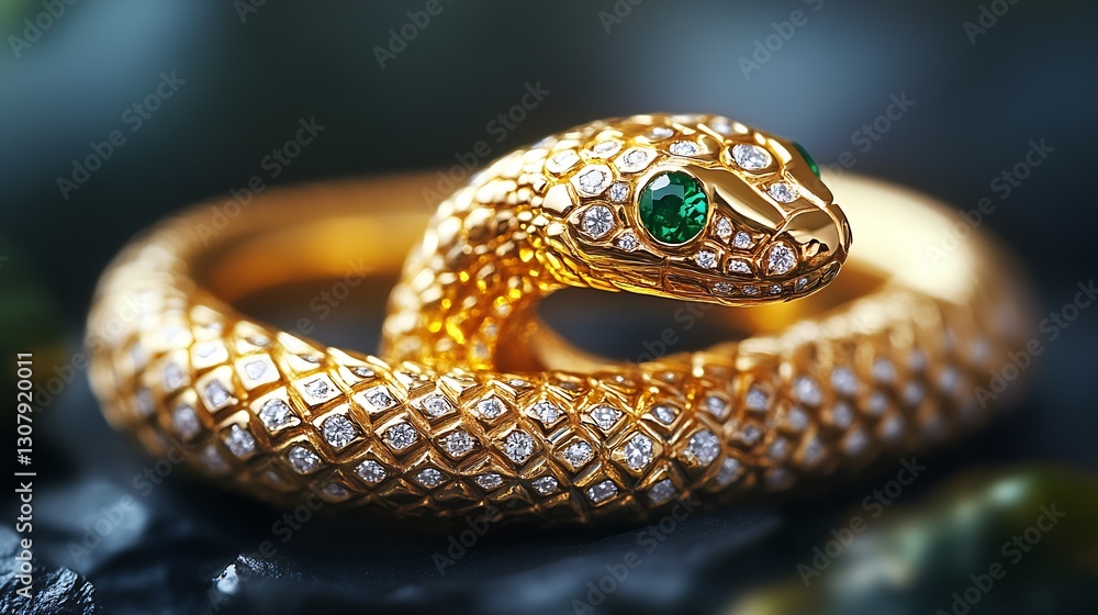 Poster luxurious golden snake ring adorned with emeralds and diamonds resting gracefully on stone : generat