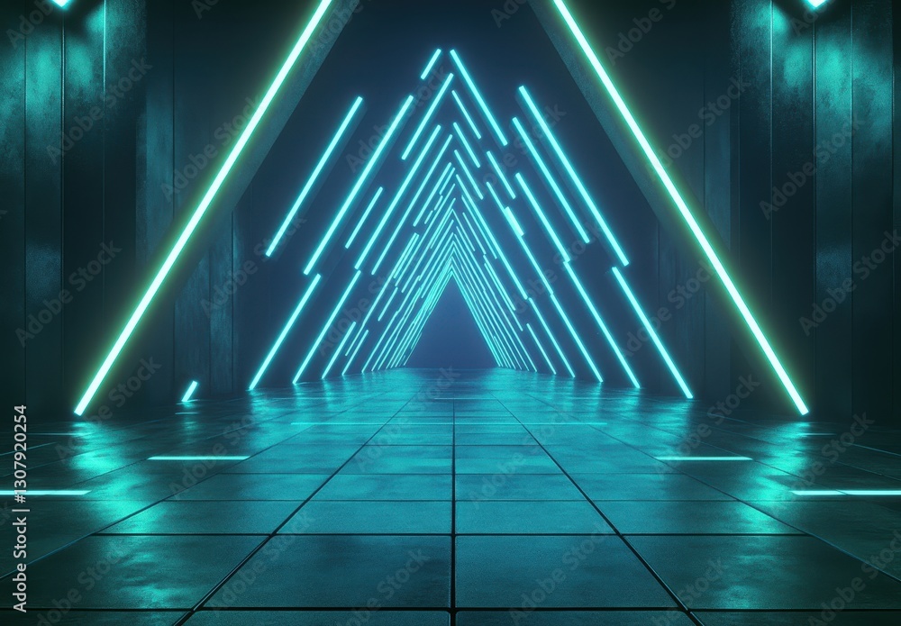 Poster Futuristic corridor with glowing neon strips forming triangular patterns in a dark ambient space, ideal for sci-fi themes and modern design projects