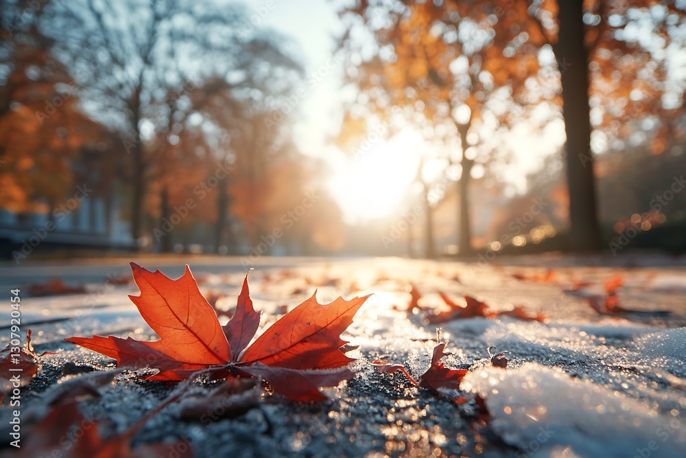Poster vibrant red maple leaf resting on frosty ground illuminated by soft morning sunlight in autumn : gen