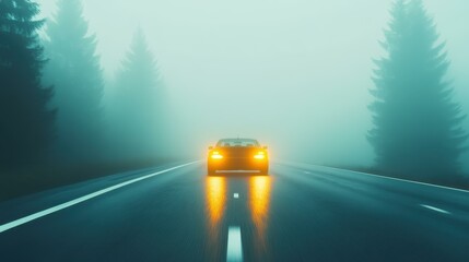 A car races through a foggy highway, headlights cutting through mist, creating an ethereal and mysterious scene.