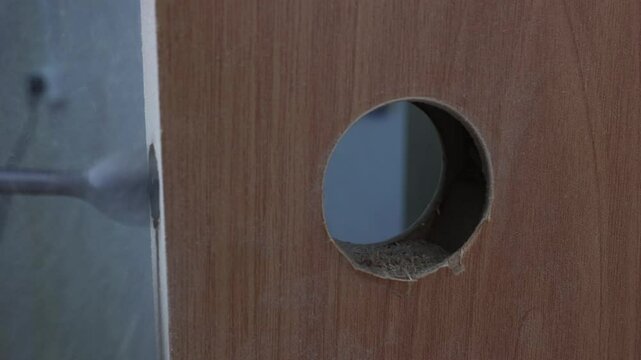 Spade bit attached to cordless screwdriver is making opening for door latch, and tip of bit appears in larger hole.