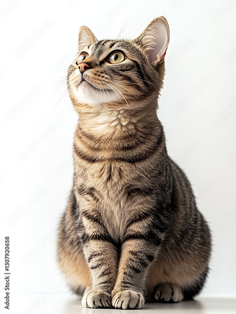 Poster Adorable tabby cat with striking eyes gazing upwards in a soft light setting : Generative AI