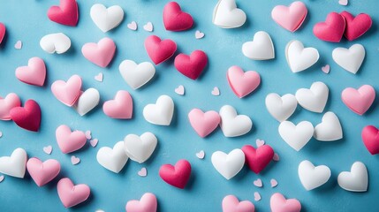 Adorn your space with scattered pink and white hearts on a serene blue backdrop, perfect for a romantic vibe.