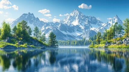 Fototapeta premium Breathtaking mountain lake surrounded by lush greenery and rugged snowy peaks under a clear blue sky. Perfect for adventurers