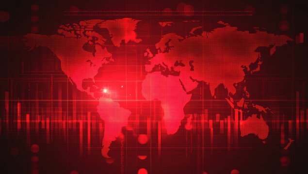Fototapeta Global alert, red world map with digital overlay.