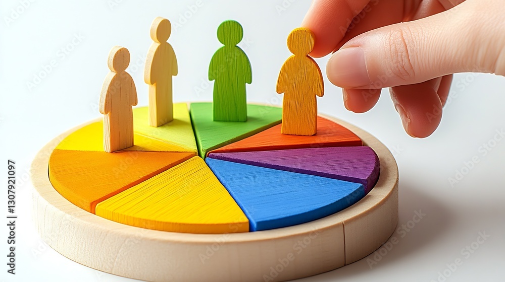 Poster colorful team building game with wooden people figures on a circular base : generative ai