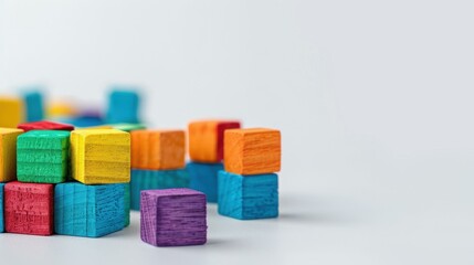 Bright and colorful wooden blocks scattered on a white surface, perfect for stimulating creativity and play.