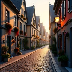 Obraz premium Charming Old European Cobblestone Street with Colorful Buildings and Blooming Flowers at Golden Hour