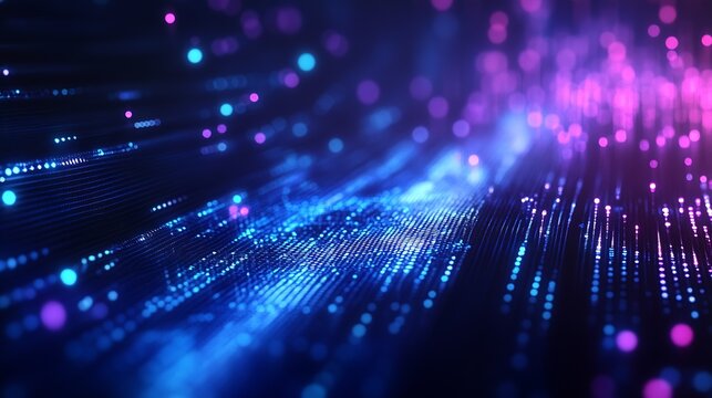 Abstract visualization of glowing particles and waves creating a digital landscape with vibrant technology theme : Generative AI